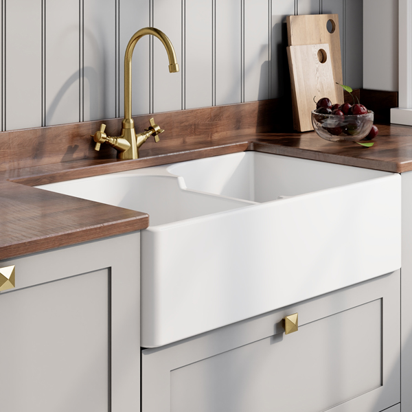 Alternate image of Nuie Butler Traditional Fireclay Inset Kitchen Sink 759 x 500mm - Double Bowl