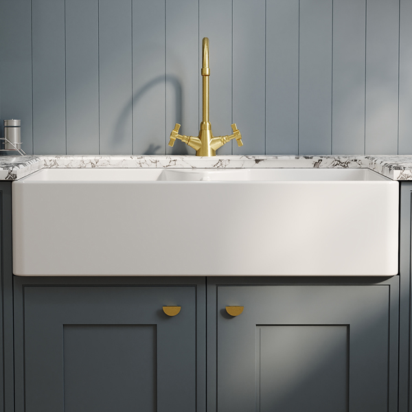 Alternate image of Nuie Butler Traditional Fireclay Kitchen Sink with Stepped Weir 895 x 550mm - Double Bowl