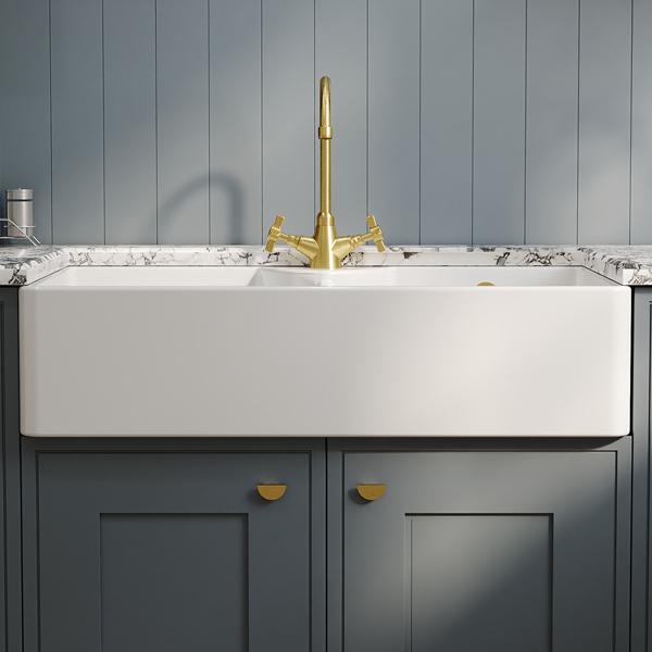 Alternate image of Nuie Butler Traditional Fireclay Kitchen Sink with Stepped Weir 895 x 550mm - Double Bowl