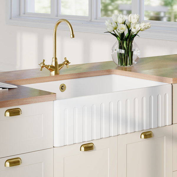Alternate image of Nuie Butler Traditional Fireclay Fluted White Kitchen Sink with Overflow - One Bowl