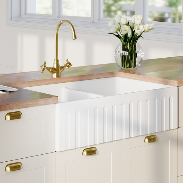 Alternate image of Nuie Butler Fireclay Undermount Kitchen Sink with Stepped Weir 795 x 500mm - Double Bowl