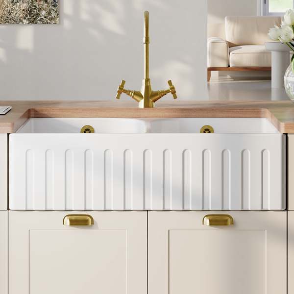 Nuie Butler Traditional Fireclay Fluted Kitchen Sink with Stepped Weir 795 x 500mm - Double Bowl