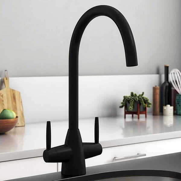 Nuie Nila Contemporary Kitchen Sink Mixer Tap with Swan Neck Spout - Stick Handles