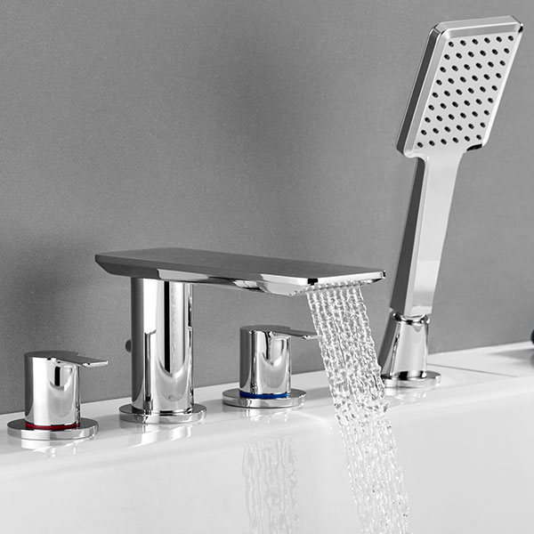 Flova Spring 4 Hole Chrome Bath Shower Mixer Tap with Handset and Swivel Spout - Flat Handles
