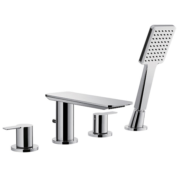 Flova Spring 4 Hole Chrome Bath Shower Mixer Tap with Handset and Swivel Spout - Flat Handles