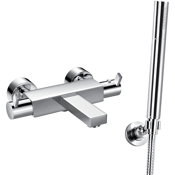 Flova Str8 Thermostatic Chrome Bath Mixer Tap with Shower Handset - Lever Handles - Wall Mounted