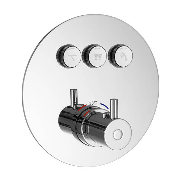 Flova Levo Recessed Chrome Thermostatic GoClick Shower Valve - 3 Outlet - 4 Controls - Round Trim