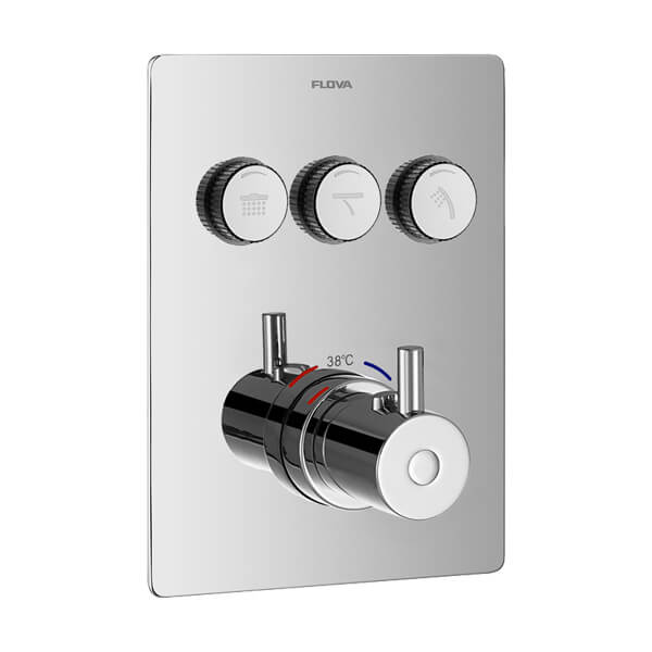 Flova Levo Recessed Chrome Thermostatic GoClick Shower Valve - 3 Outlet - 4 Controls - Rectangular Trim