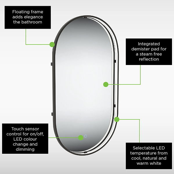 Alternate image of Sensio Aspect Pill TrioTone Frontlit LED Illuminated Mirror with Demister Pad