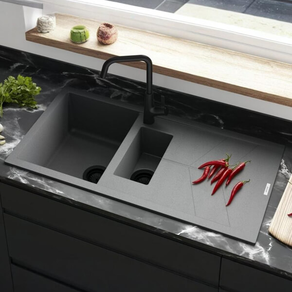 Alternate image of Clearwater Rio Granite Inset Kitchen Sink with Drainer and Waste 1000 x 500mm - 1.5 Bowl