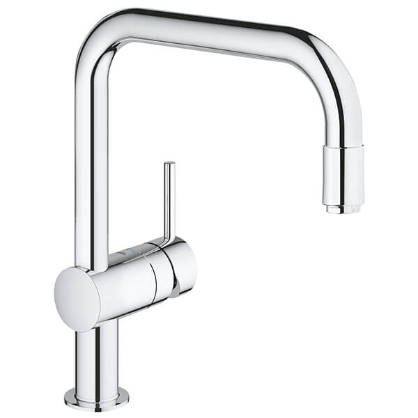 Grohe Minta Chrome Pull-Out Kitchen Sink Mixer Tap with U-Shaped Swivel Spout - Stick Handle
