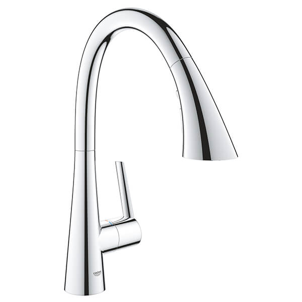Grohe Zedra Contemporary Pull-Out Kitchen Sink Mixer Tap with Swan Neck Swivel Spout - Flat Handle