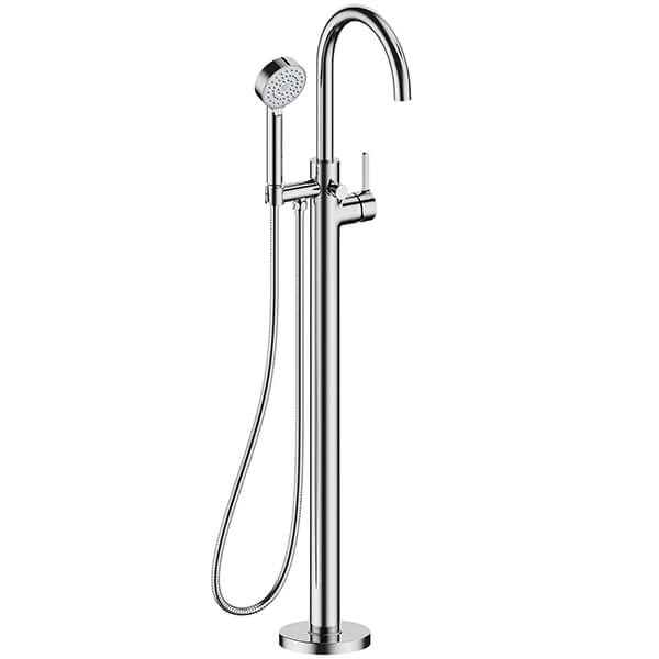 Britton Hoxton Floorstanding Curved Bath Mixer Tap with Shower Handset and Hose - Side Stick Handle
