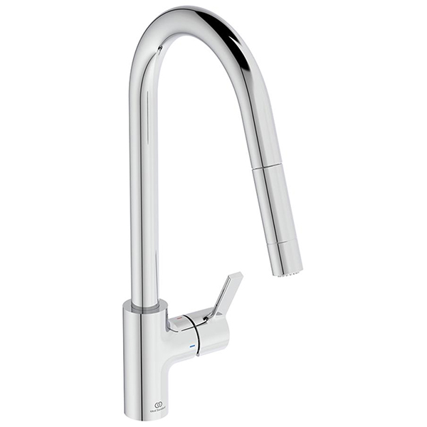Ideal Standard Gusto Pull-Out Chrome Kitchen Mixer Tap with C-Shaped Swivel Spout - Dual Spray Modes