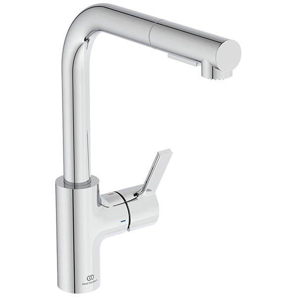 Ideal Standard Gusto L-Shaped Pull-Out Chrome Kitchen Mixer Tap with Swivel Spout - Dual Spray Mode