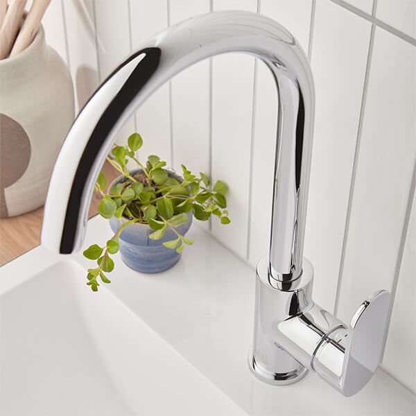 Vado Metiz Chrome Mono Kitchen Sink Mixer Tap with Curved Swivel Spout - Lever Handle