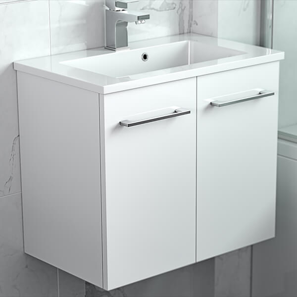 QS Basics Tempo Wall Hung White Vanity Unit with Basin - 600 x 500mm - 2 Door
