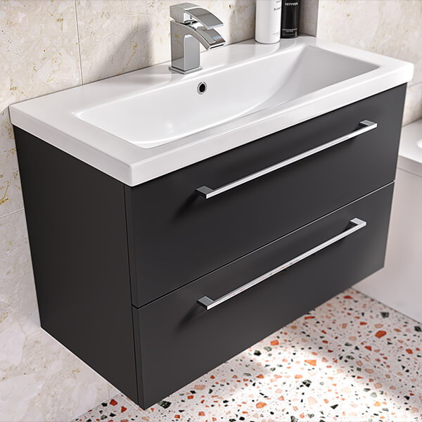 QS Basics Tempo Wall Mounted Vanity Unit with Inset Basin - 800 x 500mm - 2 Drawers