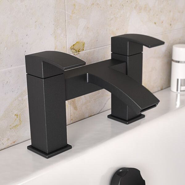 QS Basics Elsie Black Bridge Bath Mixer Tap with Waterfall Spout - Curved Handles