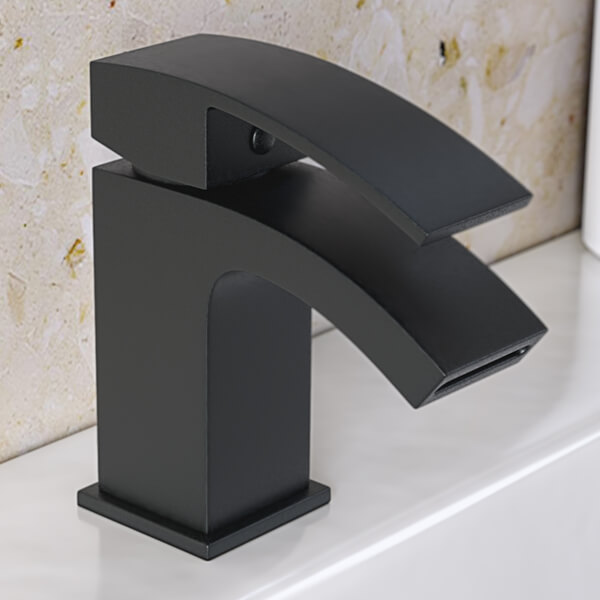 QS Basics Elsie Monobloc Black Waterfall Basin Mixer Tap - Curved Handle - Deck Mounted