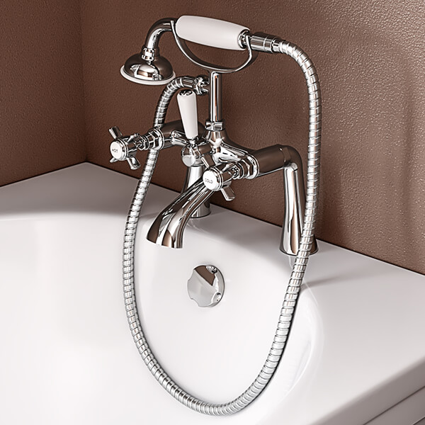 Joseph Miles Ito Traditional Chrome Bridge Bath Mixer Tap with Shower Handset and Hose - Crosshead Handles