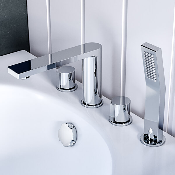 QS Basics Hugen 4 Hole Chrome Bath Mixer Tap with Shower Handset - Knob Handles - Deck Mounted