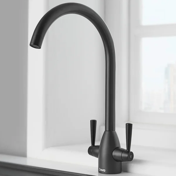 Alternate image of Deva Carlow Contemporary Kitchen Sink Mixer Tap with Swan Neck Swivel Spout - Stick Handles