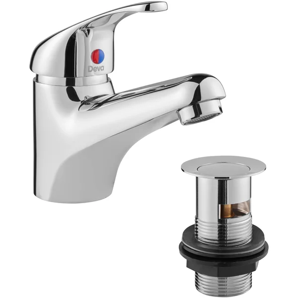 Deva Clifden Chrome Basin Mixer Tap with Press Top Waste - Curved Lever Handle - Deck Mounted