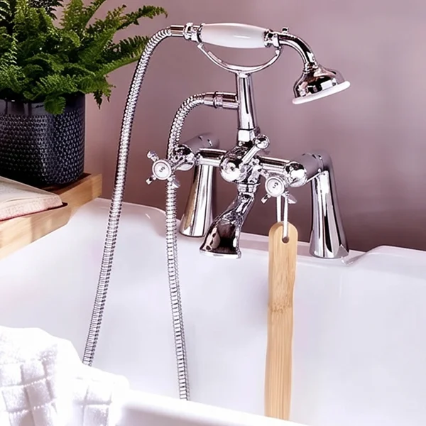 Alternate image of Deva Coronation Traditional Bridge Bath Mixer Tap with Long Spout - Crosshead Handles - Deck Mounted
