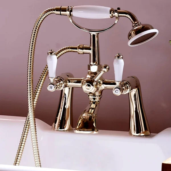 Alternate image of Deva Coronation Traditional Bridge Bath Mixer Tap with Long Spout - Crosshead Handles - Deck Mounted