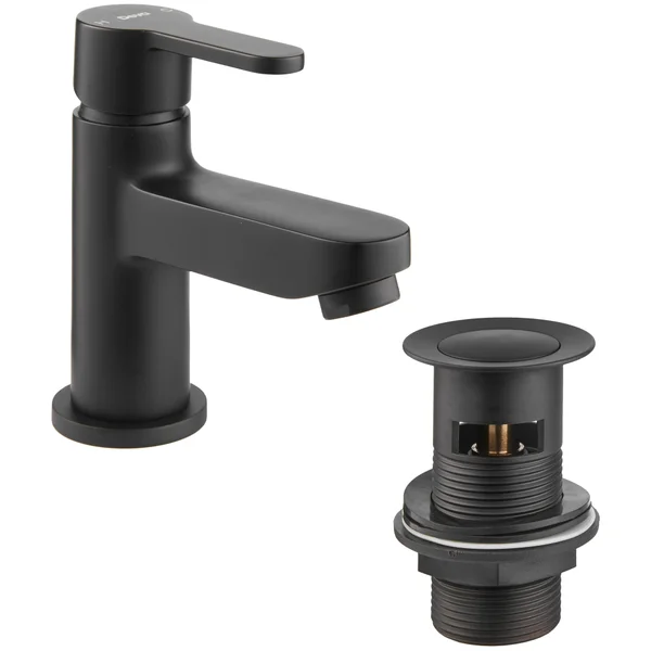Deva Ethos Mini Matt Black Basin Mixer Tap with Press Top Waste - Flat Handle - Deck Mounted