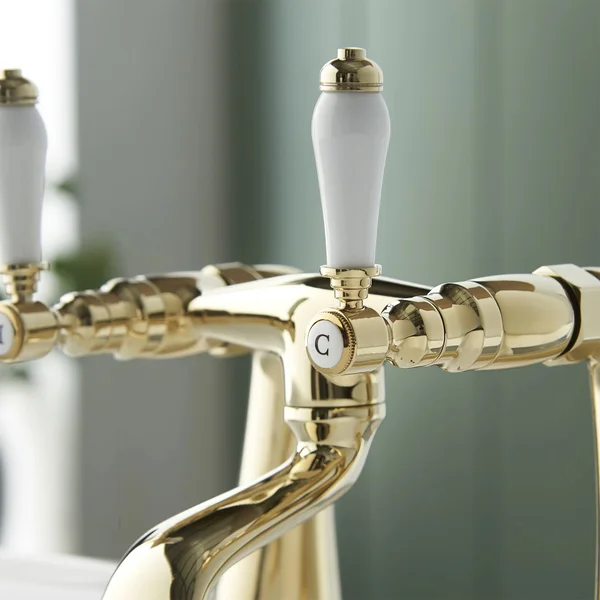 Alternate image of Deva Georgian Traditional Bridge Bath Filler Tap with Curved Spout - Ceramic Handles - Deck Mounted