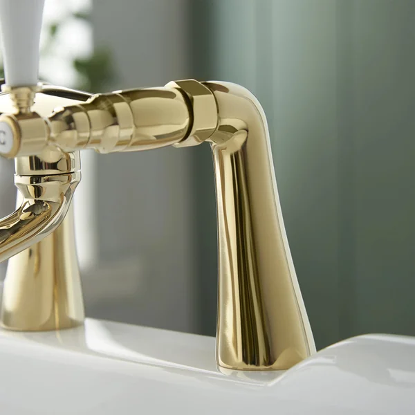 Alternate image of Deva Georgian Traditional Bridge Bath Filler Tap with Curved Spout - Ceramic Handles - Deck Mounted