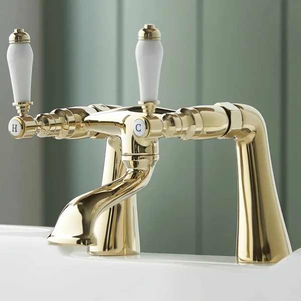 Alternate image of Deva Georgian Traditional Bridge Bath Filler Tap with Curved Spout - Ceramic Handles - Deck Mounted