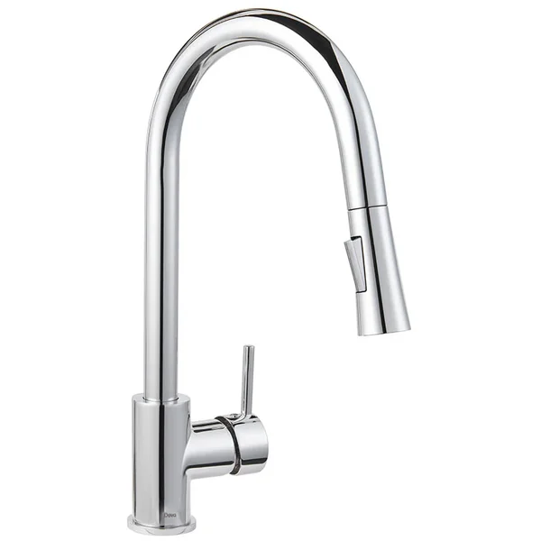 Deva Pendle Chrome Pull Out Kitchen Mixer Tap with Swan Neck Swivel Spout - Stick Handle
