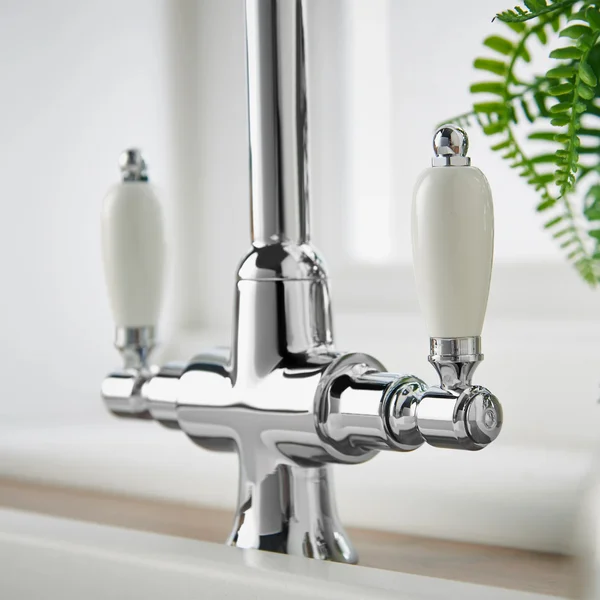 Additional image of Deva Georgian Dual-Flow Traditional Kitchen Sink Mixer Tap - White Ceramic Handles