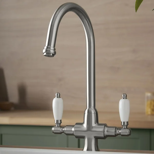 Alternate image of Deva Georgian Dual-Flow Traditional Kitchen Sink Mixer Tap - White Ceramic Handles