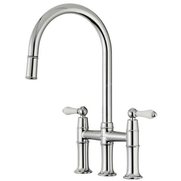 Clearwater Elegance Traditional 3-Hole Bridge Pull-Out Kitchen Sink Mixer Tap - Ceramic Handles