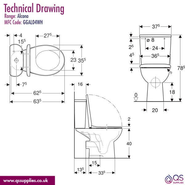 Alternate image of Twyford Alcona Floorstanding Washdown Close Coupled WC Pan with Cistern and Seat - Open Back