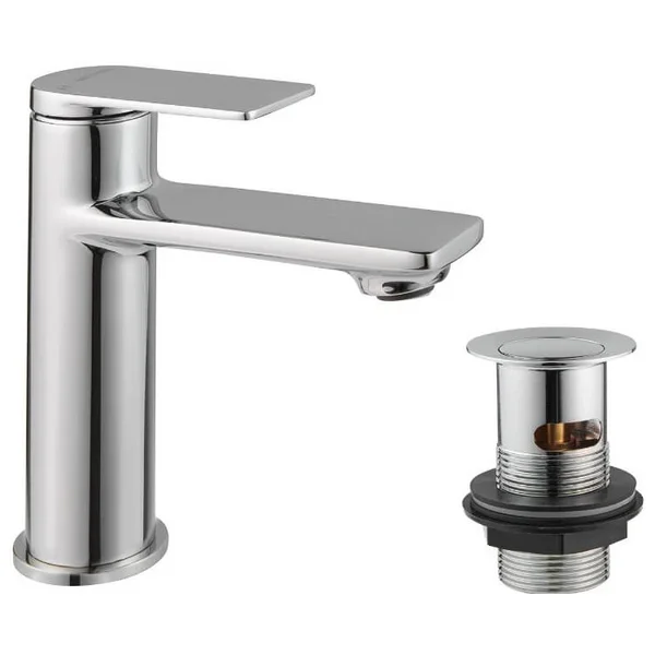 Methven Tasman Contemporary Mono Basin Mixer Tap with Press Top Waste - Flat Handle