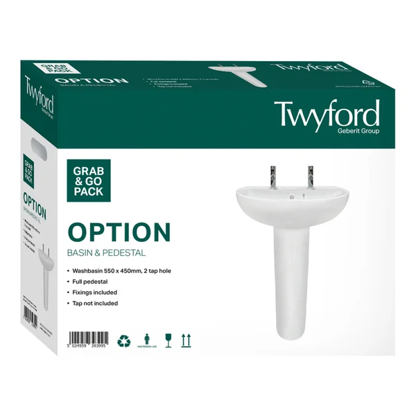 Additional image of Twyford Option Grab And Go 550mm Wide 2 Taphole Basin With Full Pedestal
