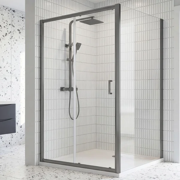 Alternate image of Nuie Rene Sliding Shower Door with Handle - Aluminium Frame - Reversible