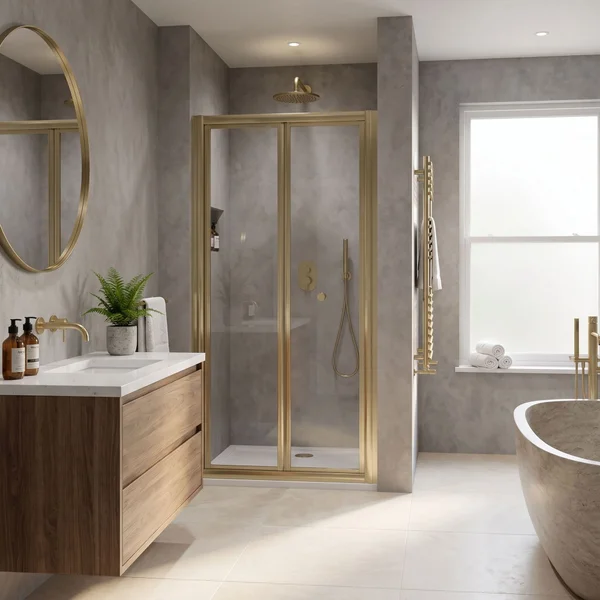 Alternate image of Nuie Rene Bifold Shower Door with Handle - Reversible - Aluminium Frame - 1900mm High