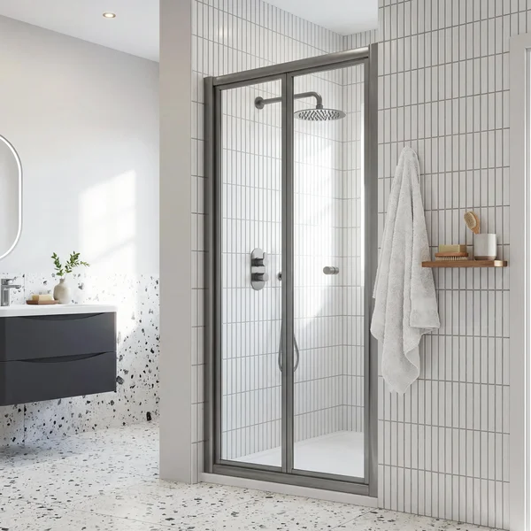 Alternate image of Nuie Rene Bifold Shower Door with Handle - Reversible - Aluminium Frame - 1900mm High