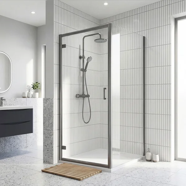 Alternate image of Nuie Rene Semi-Frameless Hinged Shower Door with Handle - Satin Chrome Profile - 1900mm High