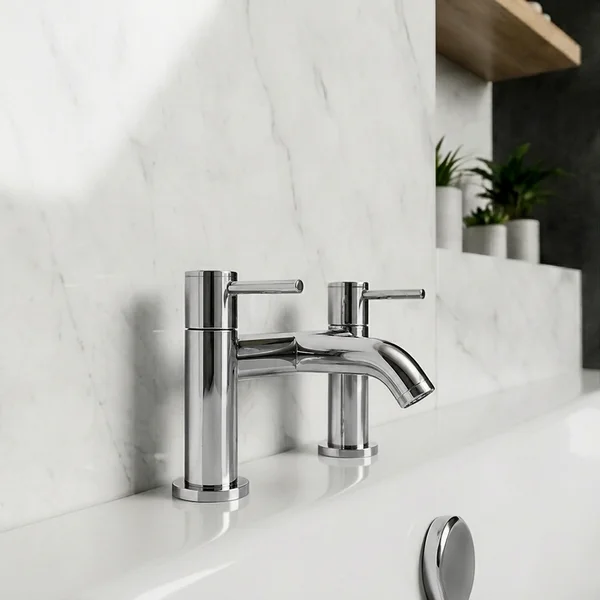 Additional image of Joseph Miles Titan Flow Bridge Bath Filler Tap - Curved Spout - Stick Handles - Deck Mounted