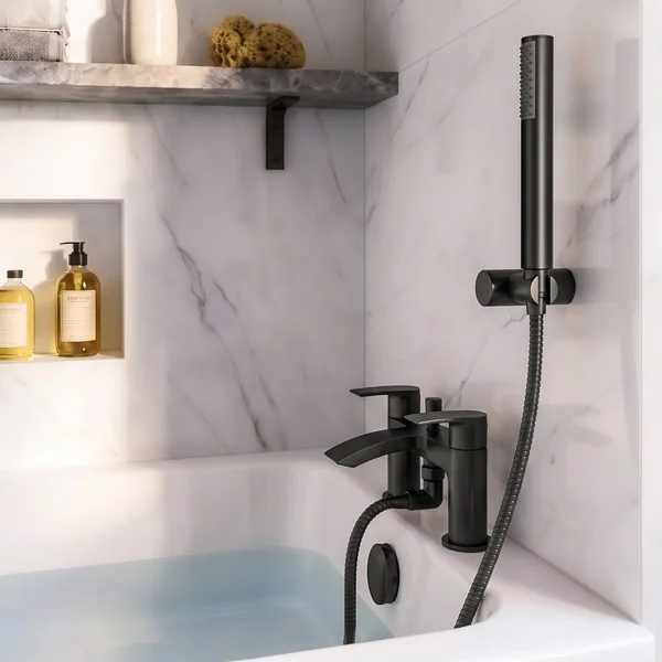 Alternate image of Joseph Miles Belini Bridge Bath Shower Mixer Tap with Curved Waterfall Spout - Flat Handles - Deck Mounted