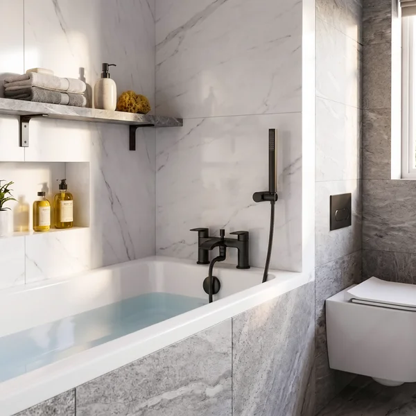 Alternate image of Joseph Miles Belini Bridge Bath Shower Mixer Tap with Curved Waterfall Spout - Flat Handles - Deck Mounted