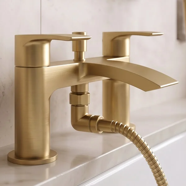Alternate image of Joseph Miles Belini Bridge Bath Shower Mixer Tap with Curved Waterfall Spout - Flat Handles - Deck Mounted