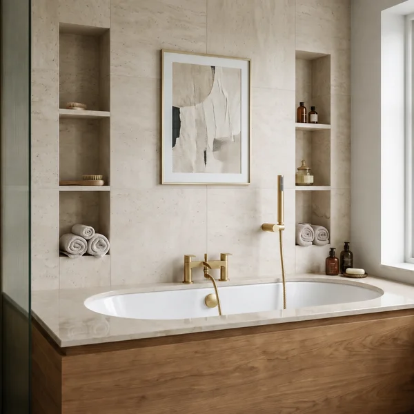 Alternate image of Joseph Miles Belini Bridge Bath Shower Mixer Tap with Curved Waterfall Spout - Flat Handles - Deck Mounted